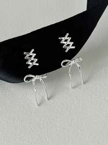 1 对女士蝴蝶结耳环，精致优雅别致甜美清新风格，丝带可爱耳环，适合婚礼、新娘和伴娘配饰 - 銀色 - 查看 5