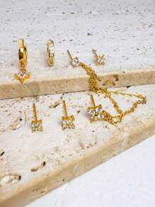 6Pcs/Set Flower Dangle Hoop Star Stud Stackable Earring For Women, Casual Zirconia, 14K Gold Plated Earring Stacks Hypoallergenic Lightweight Vacation Party Jewelry Accessories For Women Girl