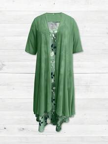 Bộ váy không tay in hoa dành cho nữ kèm áo khoác cardigan tay lửng, thanh lịch, phù hợp cho mọi mùa hè. - màu xanh lá - Xem 2