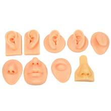 纹身硅胶模型纹身穿刺练习仿真人体部位展示穿孔饰品，硅胶耳朵模型，鼻子和嘴巴模型，左右柔软灵活模型假耳朵穿孔练习，硅胶身体部件