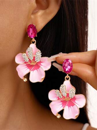 4 件水晶花耳钉，带水钻，粉色、蓝色、紫色、黄色，适合女士生日派对婚礼