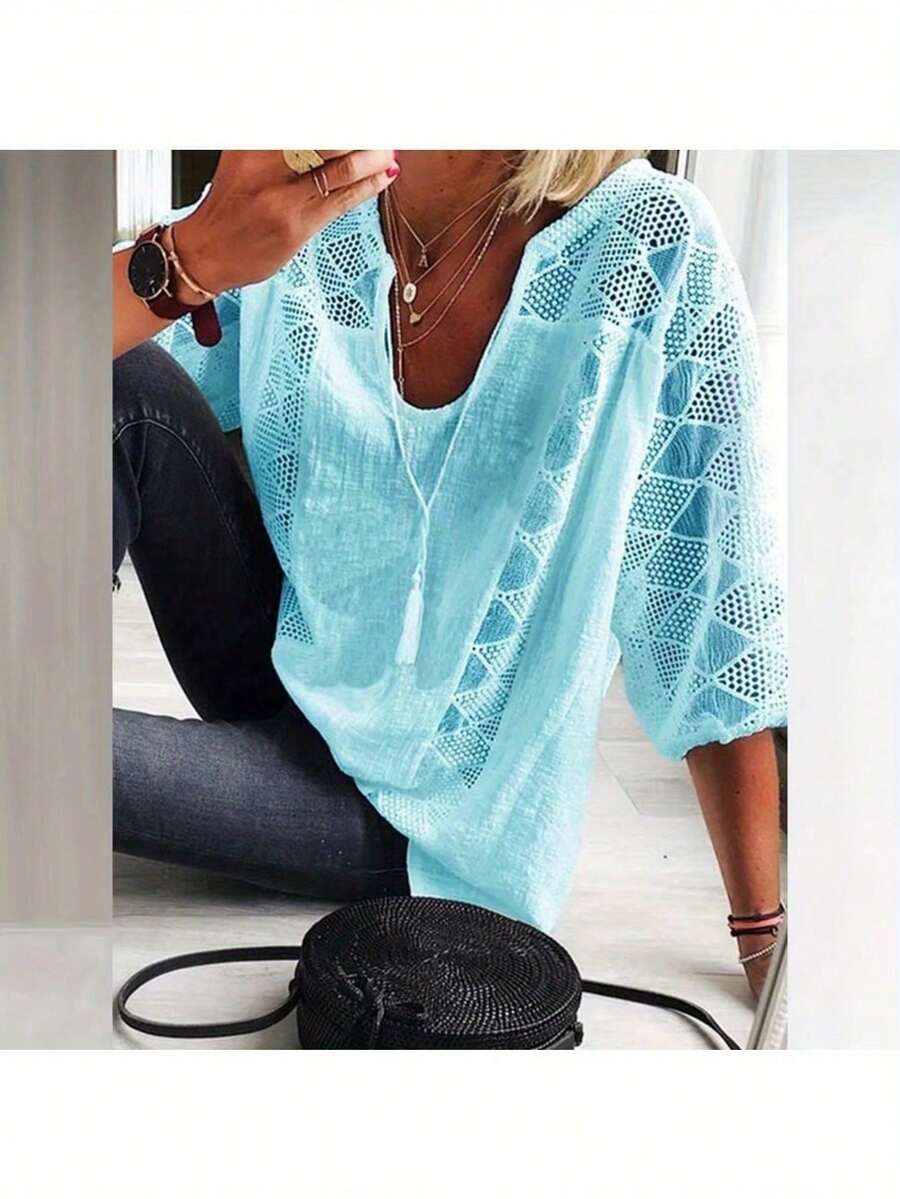 Women's 3/4 Sleeve Cotton Lined Tunic Top - Light Grey V-Neck Casual Loose Shirt With Geometric Perforated Detail, High Quality Autumn T-Shirt For Layered Or Separate Garments, S-XXL, Loose Version Top | Asymmetrical Design | Machine Washable - 藍色 - 查看 1