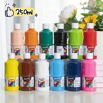 250g/Bottle, 12 Colors, Large Capacity 8.45oz/DIY Art Professional High-Quality Indoor/Outdoor Wall Painting Acrylic Paint, Regular Color, Rich Pigment, Vibrant, High Coverage, Quick-Drying, Perfect For Canvas, Wood, Clothing, Crafts, Paper, Ideal For Artists And Hobbyists School Supplies,Back To School