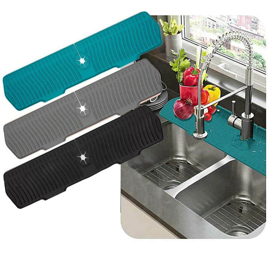 Kitchen Sink Splash Guard Silicone Faucet Drip Catcher Tray For Kitchen Counter Bathroom,Non-Slip Kitchen Mats For Sink Side, Natural And Hygienic Kitchen Essential For Home And Kitchen Room Decor, Part Of Your Cozy Fall& Winter Styles And Christmas Decorations - Grey - View 1