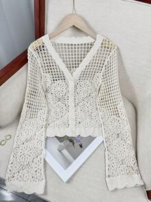 蕾丝开衫轻薄罩衫披肩女式短款短款上衣夏季薄款镂空长袖外套 - 米色 - 查看 1