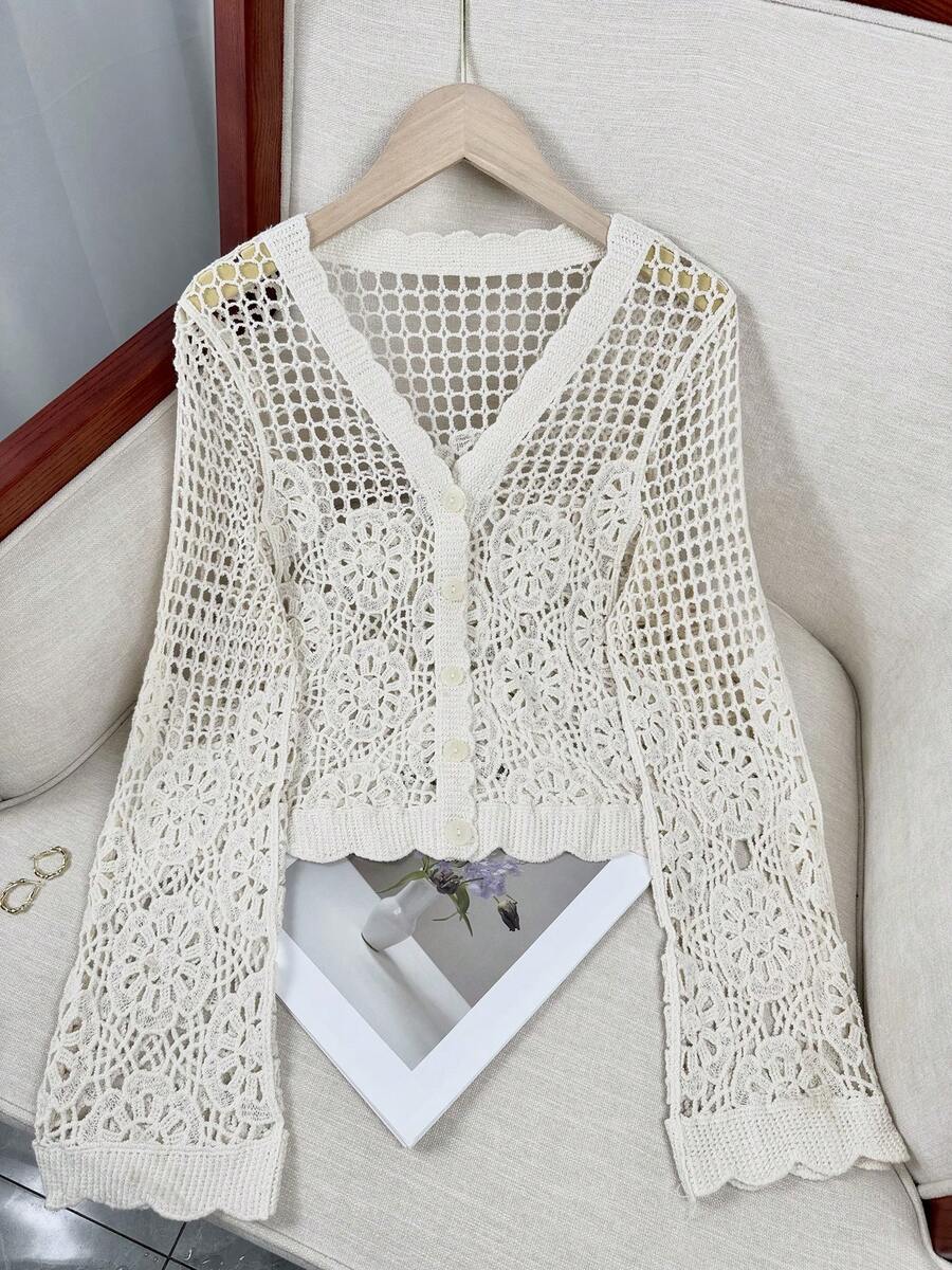 蕾丝开衫轻薄罩衫披肩女式短款短款上衣夏季薄款镂空长袖外套 - 米色 - 查看 1