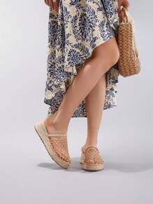 Sandalias con cuña de soga de cáñamo, suela gruesa, respirables con malla calada, diapositivas planas casuales para vacaciones de verano, zapatos de moda diarios para mujer