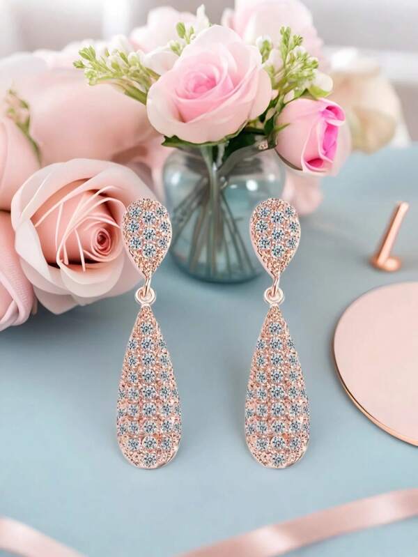 1 Pair Rhinestone European & American Luxury Palace Style Teardrop Earrings For Women, Bridal Jewelry