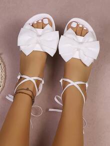 女士平底凉鞋，甜美蝴蝶结平底凉鞋，纯色优雅露趾凉鞋，交叉踝带设计凉鞋，休闲居家户外旅行度假平底凉鞋 - 白色 - 查看 5