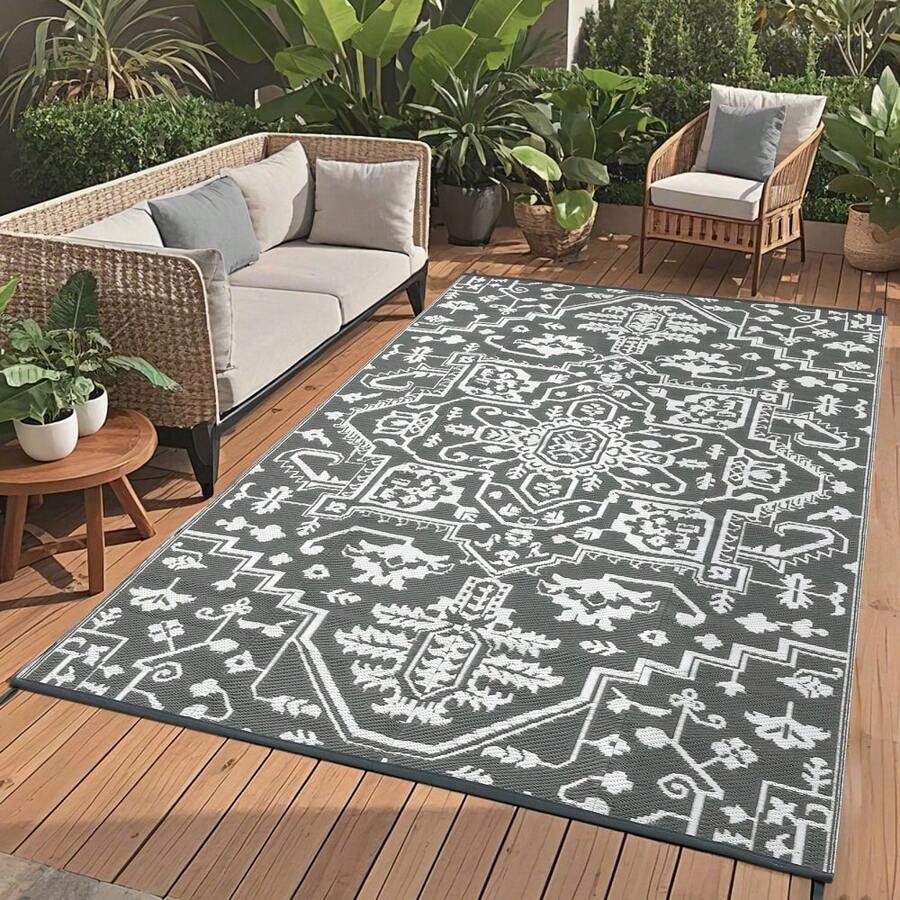 Traditional Home Decor Outdoor Plastic Area Rugs Waterproof Stain Resistant Reversible Camping Throw Carpet Easy To Clean Non Slip  UV Resistant Floor Mat For Camping Porch Deck Picnic Backyard Patio RV Camping Beach - Grey - View 1