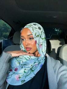 1pc Floral Printed Hijab, Fashionable Elegant Boho Style Scarf For Women, Lightweight Headwrap Suitable For Daily Wear And Abaya For Dress - Light Blue - View 2