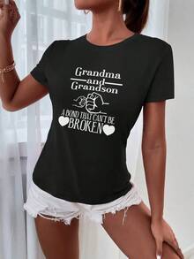 Camiseta de manga corta para mujeres INAWLY con estampado de abuelo y nieto, camiseta gráfica casual de verano, tops sueltos, casuales y versátiles - Negro - Ver 5