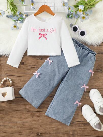 2pcs Girls Spring/Autumn Letter & Bow Print Round Neck Short Long Sleeve T-Shirt + Bow Decor Pants Outfit