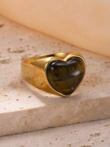 1 件复古不锈钢铸虎眼石几何方形心形泪珠戒指，经典单环设计，适合情侣，珠宝礼物 - 金黃色 - 查看 18