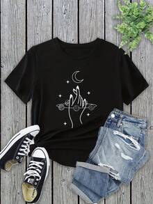 Camiseta de Cuello Redondo con Huella de Luna y Mano, Camiseta Casual de Manga Corta para Primavera y Verano, Ropa de Mujer - Negro - Ver 2