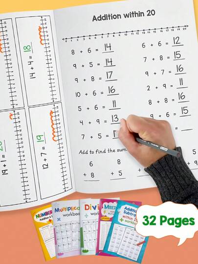 32 Pages Of Basic Math Workbook For Kids, Number Lines For Addition And Subtraction, Addition And Subtraction Within 1000, Mixed Operations, Multiplication And Division Calculation Programs, Preschool Family Education, Kindergarten School Workbook, Cultivate Children's Interest In Learning Mathematics, Improve Learning Ability, Inspire Children's Logical Thinking, Give Children Gifts, School Season Gifts,Back To School