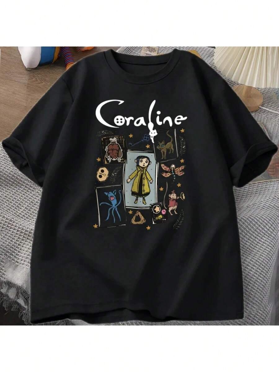 Coralinee Halloween T Shirt Women Men Spooky Vintage T-Shirt Harajuku Fall Short Sleeve Tshirt Women's Clothing Graphic T Shirts - 黑色 - 查看 1