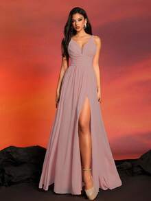 Dusty Pink Bridesmaid Dress Long Chiffon Formal Gown With Slit For Wedding Guest, Prom, Gala, Evening Party, Banquet, Cocktail, Red Carpet, Formal Ceremony, Pageant, Holiday Party, V Neck Sleeveless A-Line Maxi Dress For Women - Dusty Pink - View 7