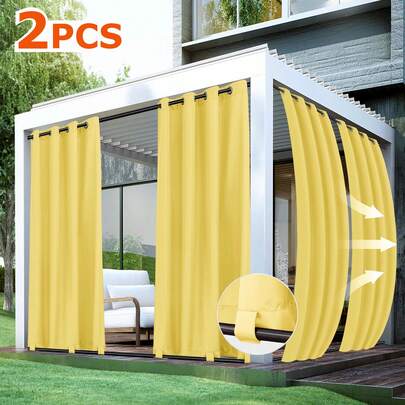 2pcs Oxford Cloth Outdoor Wind Resistant Curtain, Bottom With Wind Blocking Fastener, Shading Privacy Curtain, Stainless Steel Ring Top For Easy Installation