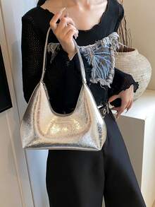2024 复古简约法式腋下新月包，时尚优雅百搭单肩斜挎法棍包女士手提包 - 銀色 - 查看 5