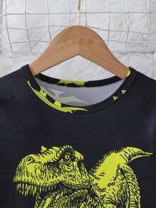 Young BoyComfortable Cartoon Dinosaur Pattern Luminous Long Sleeve + Long Pants Home Outfit Set (Glowing Only Under UV Light)