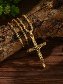 Men's 18K Gold-Plated Cross Necklace With Jesus Pattern Stylish Pendant - Gold - View 4