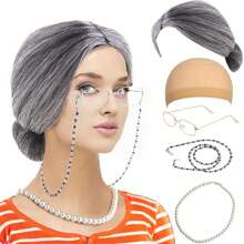 5Pcs Women's Wig COS GRANDMA Short Curly Hair GRANDPA Middle-Aged And Elderly Sketch Dressing Set, Grandmother Role-Playing Set, Interesting Elderly Woman Dressing Set Wearing Wig Hat, Pearl Necklace, Glasses Chain, Realistic Grandmother Costume Wig, Elderly Woman Costume Set Halloween Costume Party Elderly Woman Wig, Stage Performance Costume, Party Decoration Photography Props, Perfect For Giving To Family And Friends
