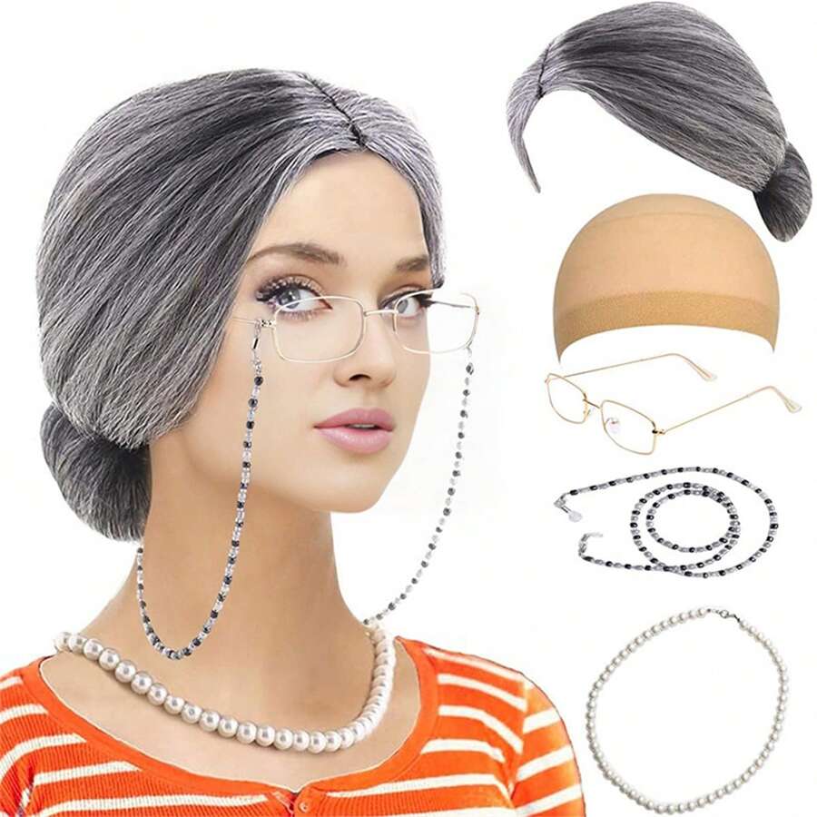 5Pcs Women's Wig COS GRANDMA Short Curly Hair GRANDPA Middle-Aged And Elderly Sketch Dressing Set, Grandmother Role-Playing Set, Interesting Elderly Woman Dressing Set Wearing Wig Hat, Pearl Necklace, Glasses Chain, Realistic Grandmother Costume Wig, Elderly Woman Costume Set Halloween Costume Party Elderly Woman Wig, Stage Performance Costume, Party Decoration Photography Props, Perfect For Giving To Family And Friends