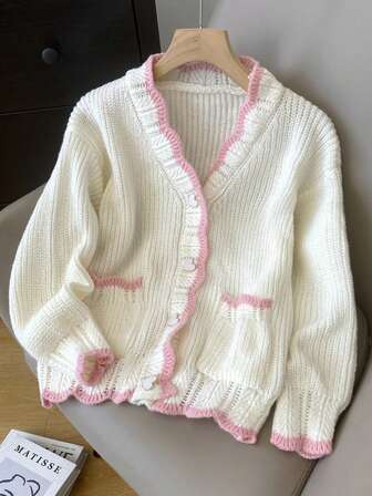 JIANHU Contrast Trim Drop Shoulder Cardigan