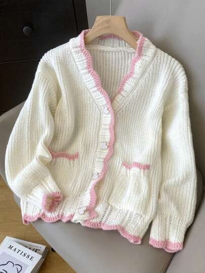 JIANHU Cárdigan ribete en contraste de hombros caídos