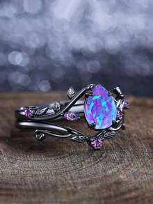 Bộ 2 chiếc, Nhẫn Opal tổng hợp cắt hình quả lê tím cổ điển và thiết kế hình lá màu đen, Thích hợp cho lễ hội, tiệc tùng, đeo hàng ngày, mọi mùa - Màu tím - Xem 3