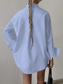 Áo sơ mi nữ tay dài cổ bẻ dáng rộng thoải mái, đa năng và thời trang cho mùa xuân. - Màu xanh lam - Xem 2