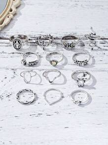 Set de 13 anillos estilo punk, anillos minimalistas sexy de moda con diseños de corazón y geométricos, adecuados para mujer en fiestas, vacaciones y conjuntos