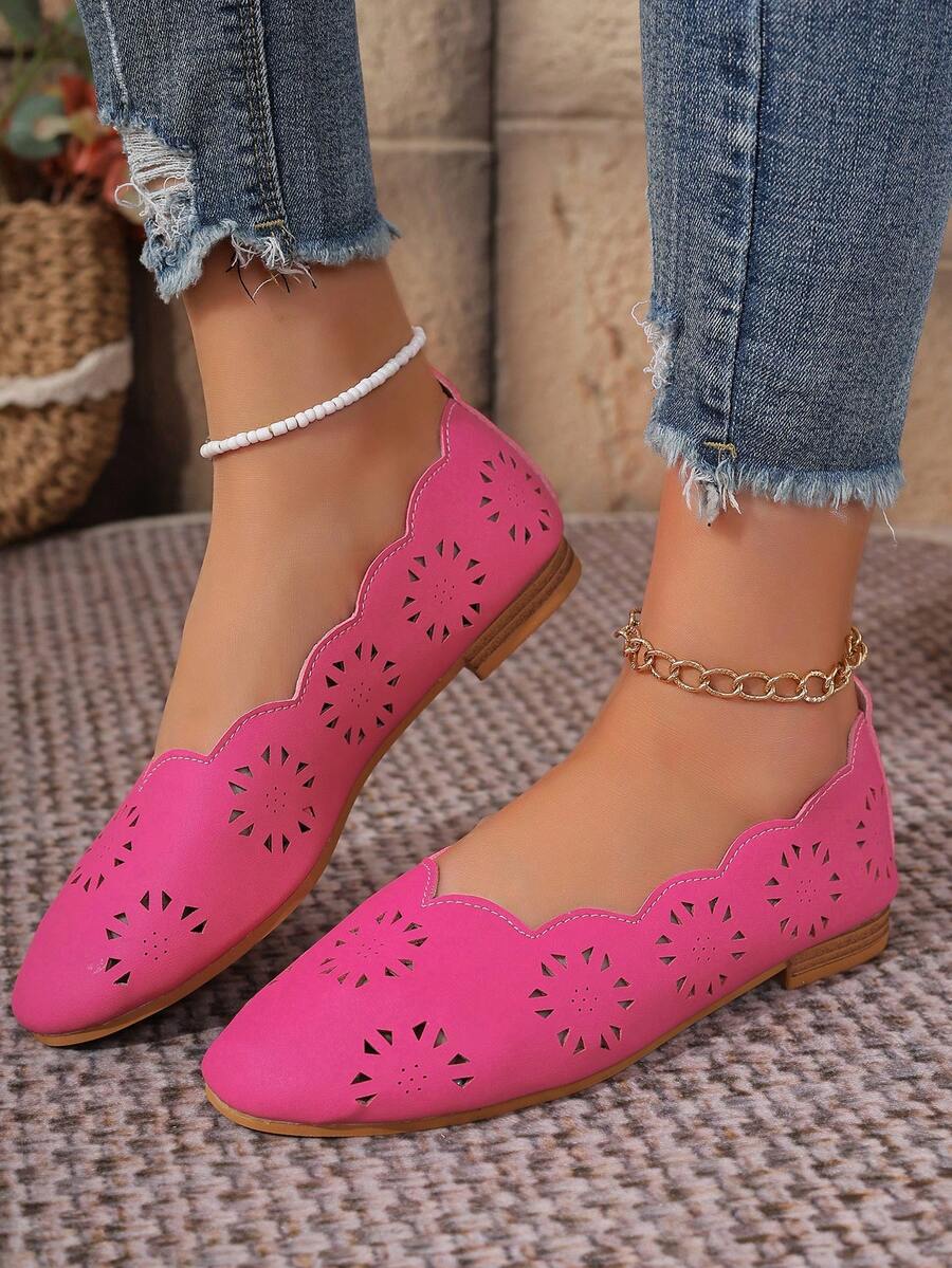 Mocassins plats décontractés perforés et respirants pour femmes, chaussures confortables à enfiler pour maman - Rose vif - Voir 1