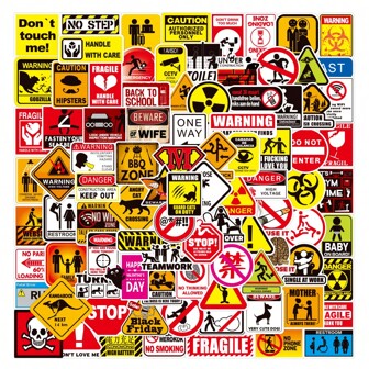 50/100pcs Warning Signs Stickers Danger Banning Signs Decals DIY Laptop Motorcycle Phone PC Graffiti PVC Kids Sticker Pack,For School Supplies,Back To School