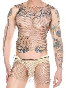 Men's Rave Outfit Sheer Rhinestone Top Sleeveless Tanks Crop Top Fishnet Vest Music Festival Shirthalloween - Black-top - View 4