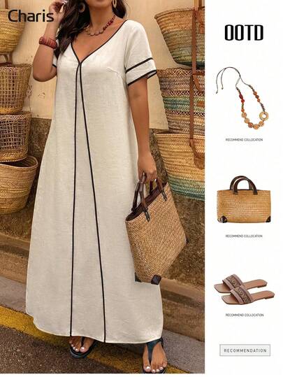 UrbanChic 大码女装时尚休闲撞色连衣裙，适合早午餐、春夏、情人节、优雅女士、夏季度假、婚礼及活动、外出、度假、海滩、春假等场合。