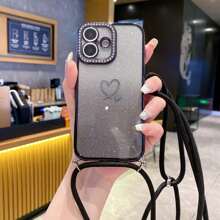Funda para teléfono con 2 piezas de corazón con degradado de rhinestones y cordón, con protección anti-caídas para iPhone 15 16 Pro Max/14 Pro/11/12 Pro/13 Pro Max