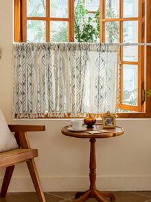 1 件奢华欧式简约薄纱短窗帘，三色几何线条和叶子图案田园设计，适用于厨房、餐厅、客厅、卧室、办公室和洗衣房装饰