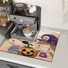 1 pieza Alfombrilla de secado para la cocina con diseño de bruja, pirata y calabaza de Halloween, súper absorbente, con respaldo de goma, multifuncional para el hogar, cafetería y máquina de café