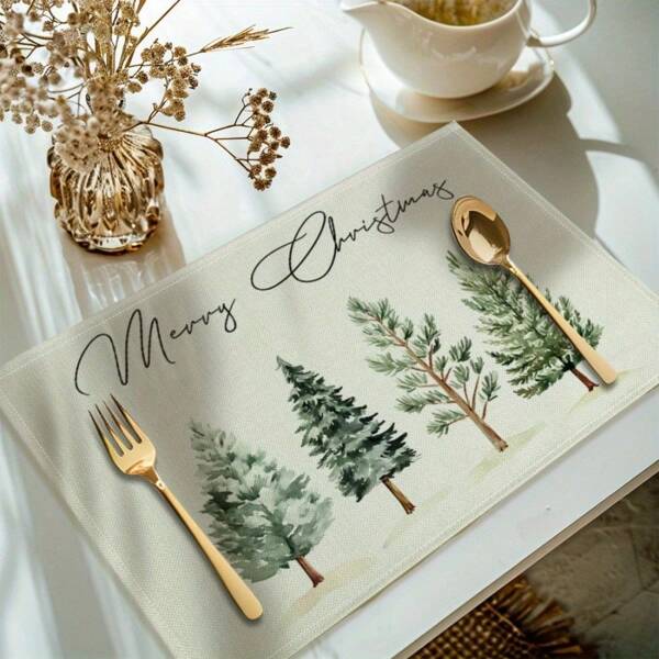 4/6pcs, Fashionable Christmas Tree Pattern Printed Linen Placemat, Table Mats, The Size Is 12 * 18inch/30 * 45cm, Home Decor, Suitable For Dining Tables
