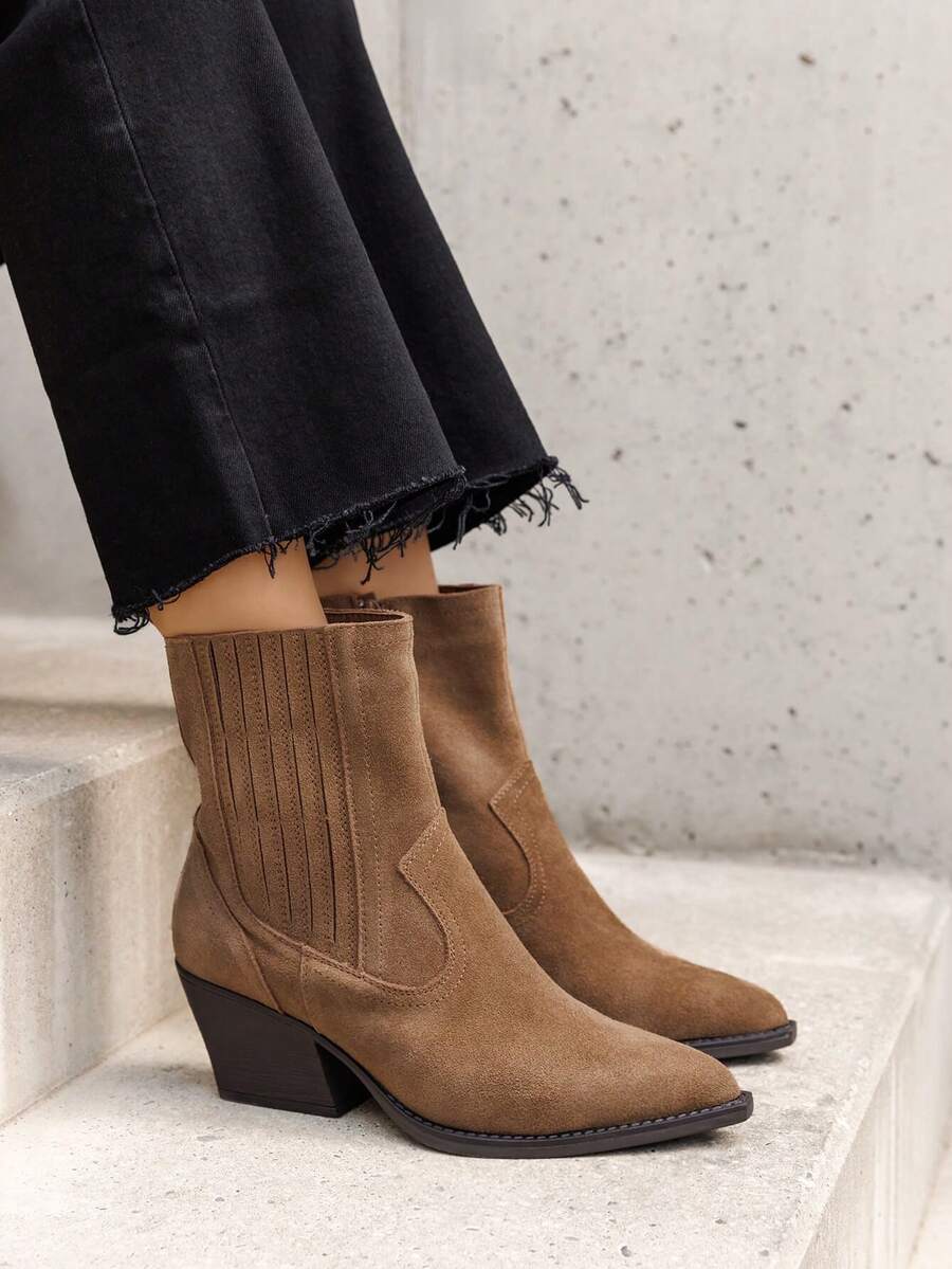Pointed Toe Ankle Boots In Genuine Suede Leather, Featuring A Cuban Heel And A Structured Design For A Bold And Elegant Style. - Camel - View 1