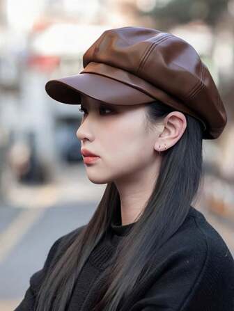 1pc Women's Solid Color Casual Polyester Octagonal Hat, Solid Brimless Leather Artist Beret Cap, Suitable For Travel, Holiday, Photography