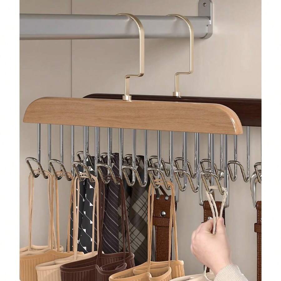 1/2pcs Wooden Hanger Rack With 8 Metal Hooks, Heavy Duty Non-Slip Organizer For Camisoles, Bras, Swimwear, Scarves, Ties, Belts, Bags - Apricot - View 1