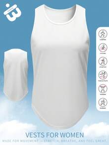 白色女式运动背心，圆下摆，宽肩剪裁，凸显身材，非常适合健身房训练、瑜伽课和户外晨跑