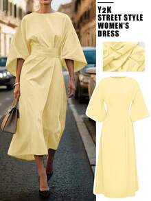 فستان طويل أنيق للنساء بأكمام ثلاثة أرباع مزين بطيات غير متماثلة وفتحة جانبية، لون أحادي، مناسب للارتداء اليومي