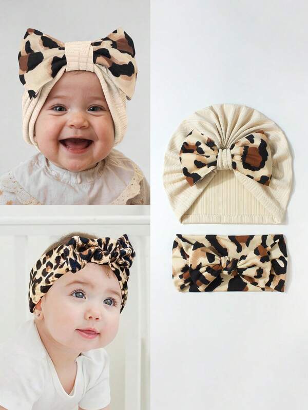 2PCS/Pack Newborn Baby Turban Hats Leopard Bow +Headband , Baby Infant Beanie Breathable Toddler Cap And Leopard Print Headband For Baby Infant Toddler Girls