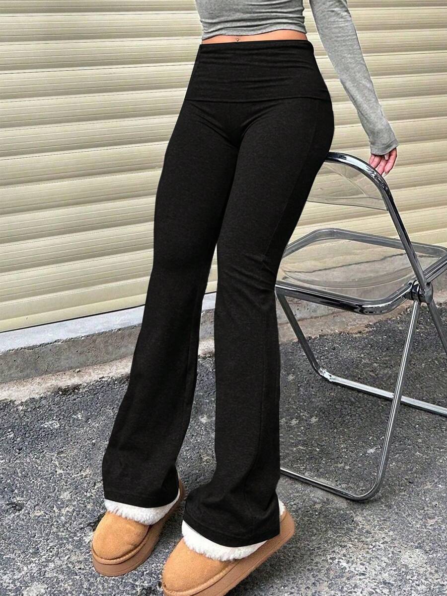 Pantalones de campana de talle alto, elásticos y lisos en unicolor, estilo streetwear Y2K casual para adolescentes, con pliegues y ajuste ceñido