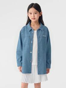 Áo sơ mi denim cài nút cho bé gái tuổi teen 2025, mẫu mới thường ngày - Denim màu xanh nhạt - Xem 3