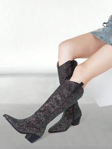 Womens Knee High Boots Shiny Cowboy Boot Rhinestone Pointed Toe Sparkly Chunky Block High Heel Side Zipper Wide Calf Tall Boot Long Pull On Wedding Party Nightclub Dressy Casual Riding Retro Classic Western Glitter Cowgirl Booties Shoes - 黑色 - 查看 5